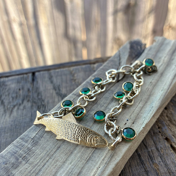 Gold Adjustable Fish Bracelet with Green Crystals