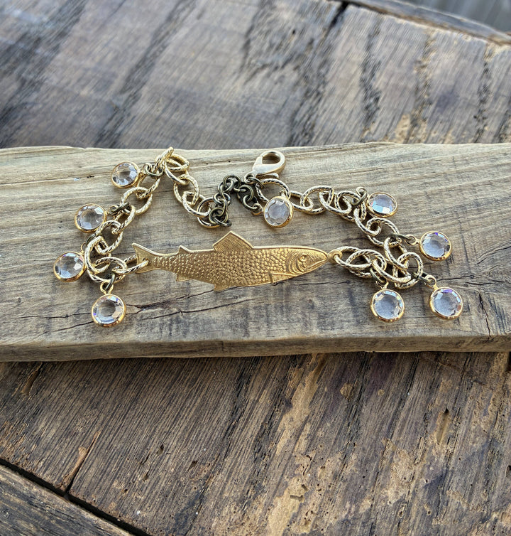 Gold Adjustable Fish Bracelet with Crystal Clear Drops