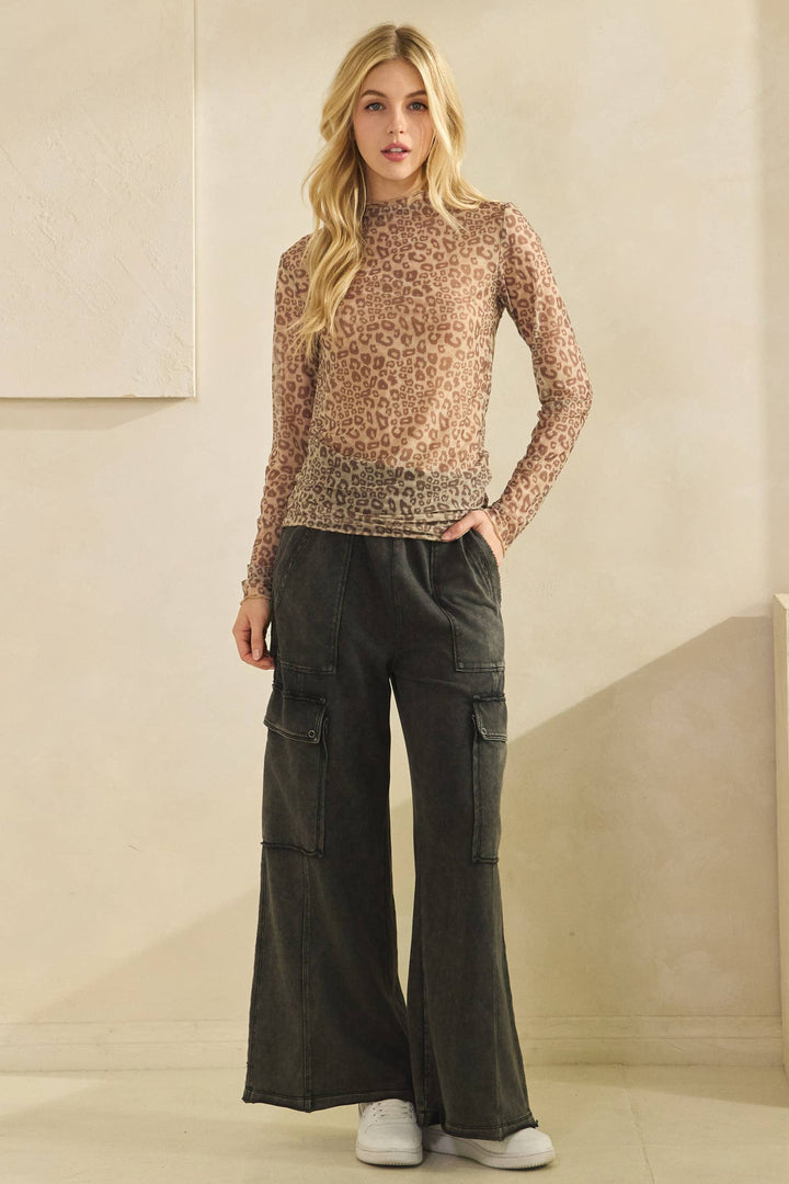 ANIMAL PRINT MESH LONG SLEEVE TURTLE NECK
