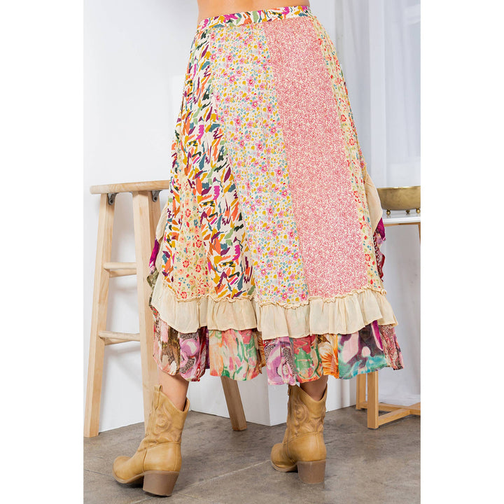 Whimsical Harmony Overdyed Mid-Length Skirt with Rayon Print: Latte