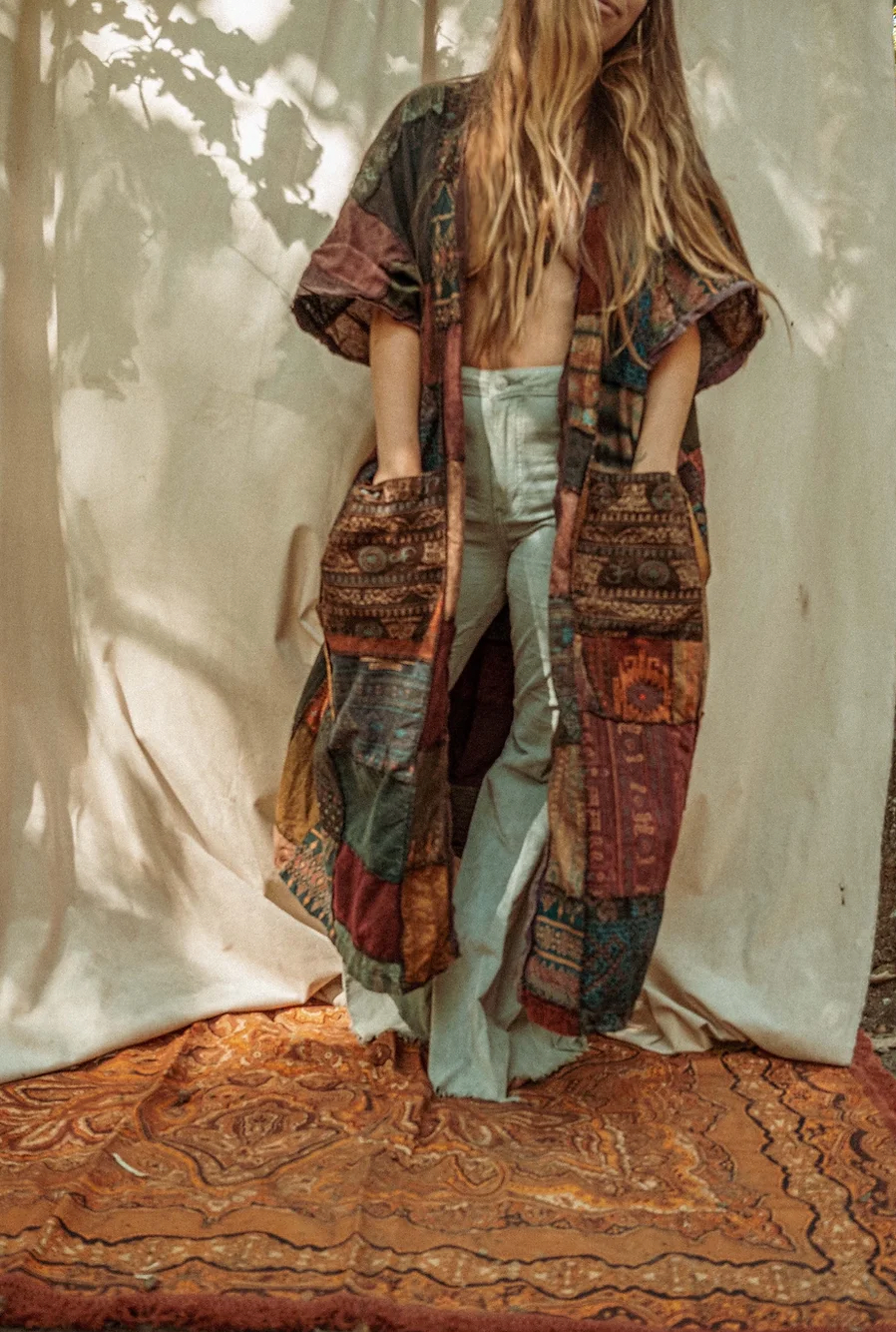 Earthy Boho Duster Patchwork Kimono, Unisex Smock