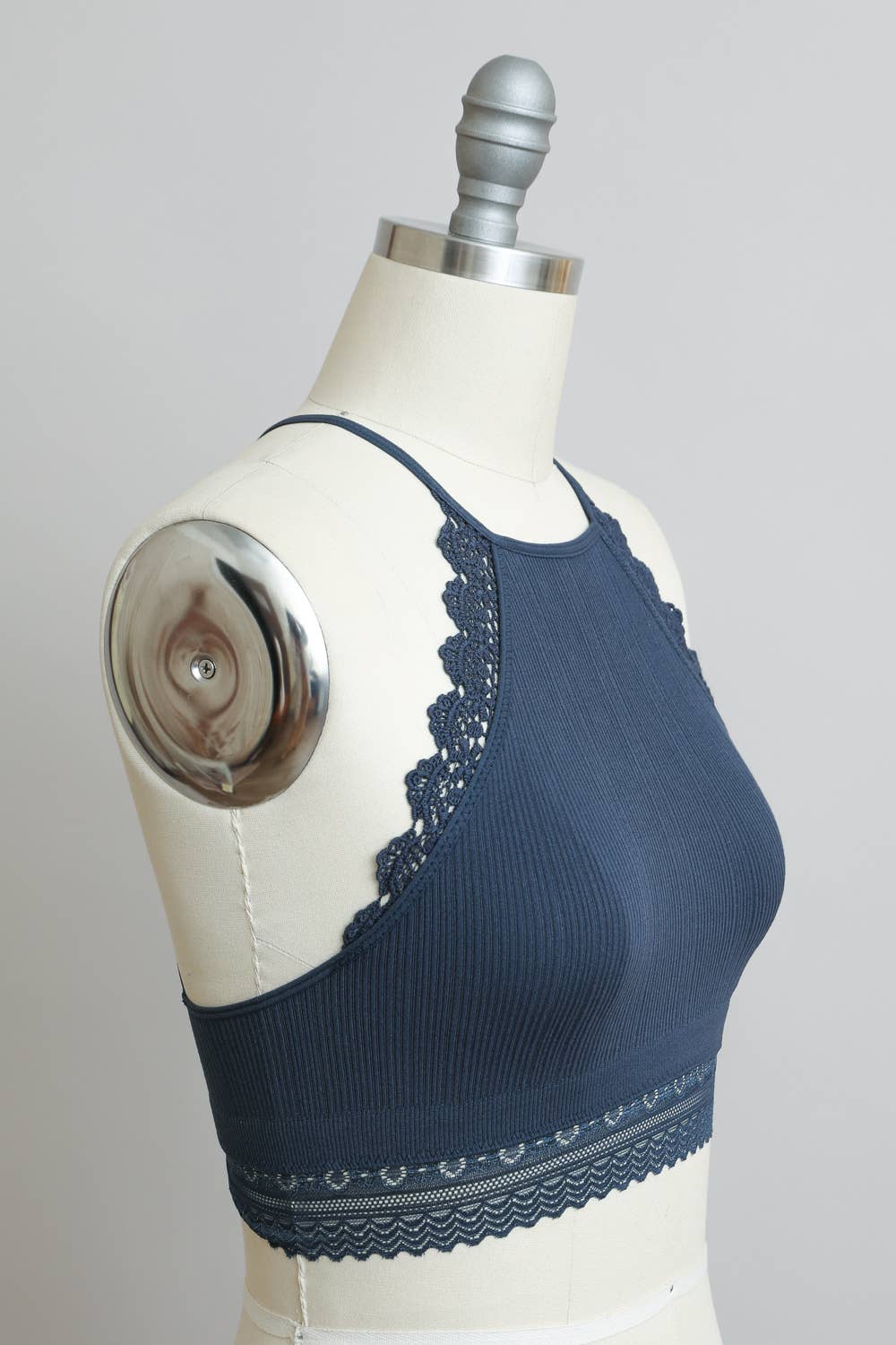 High Neck Crochet Lace Trim Bralette - Gray Blue