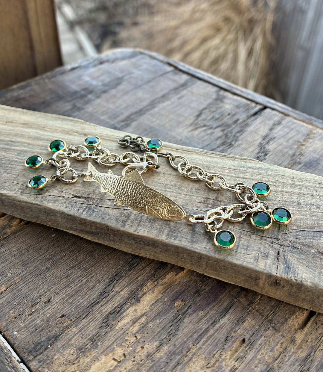 Gold Adjustable Fish Bracelet with Green Crystals
