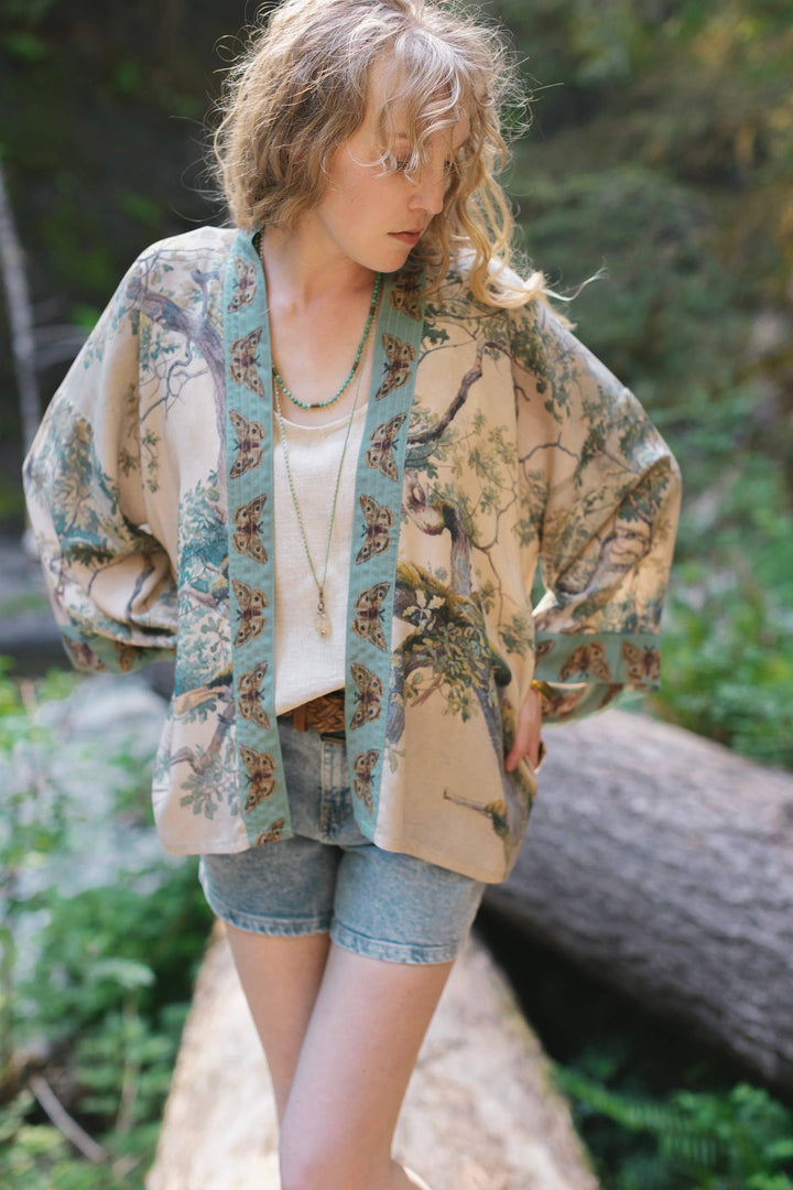 Earth and Sky Cropped Bamboo Kimono Cardigan with Tree Print