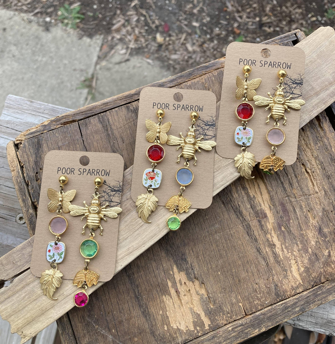 Nature Study Brass &amp; Crystal Charm Earrings
