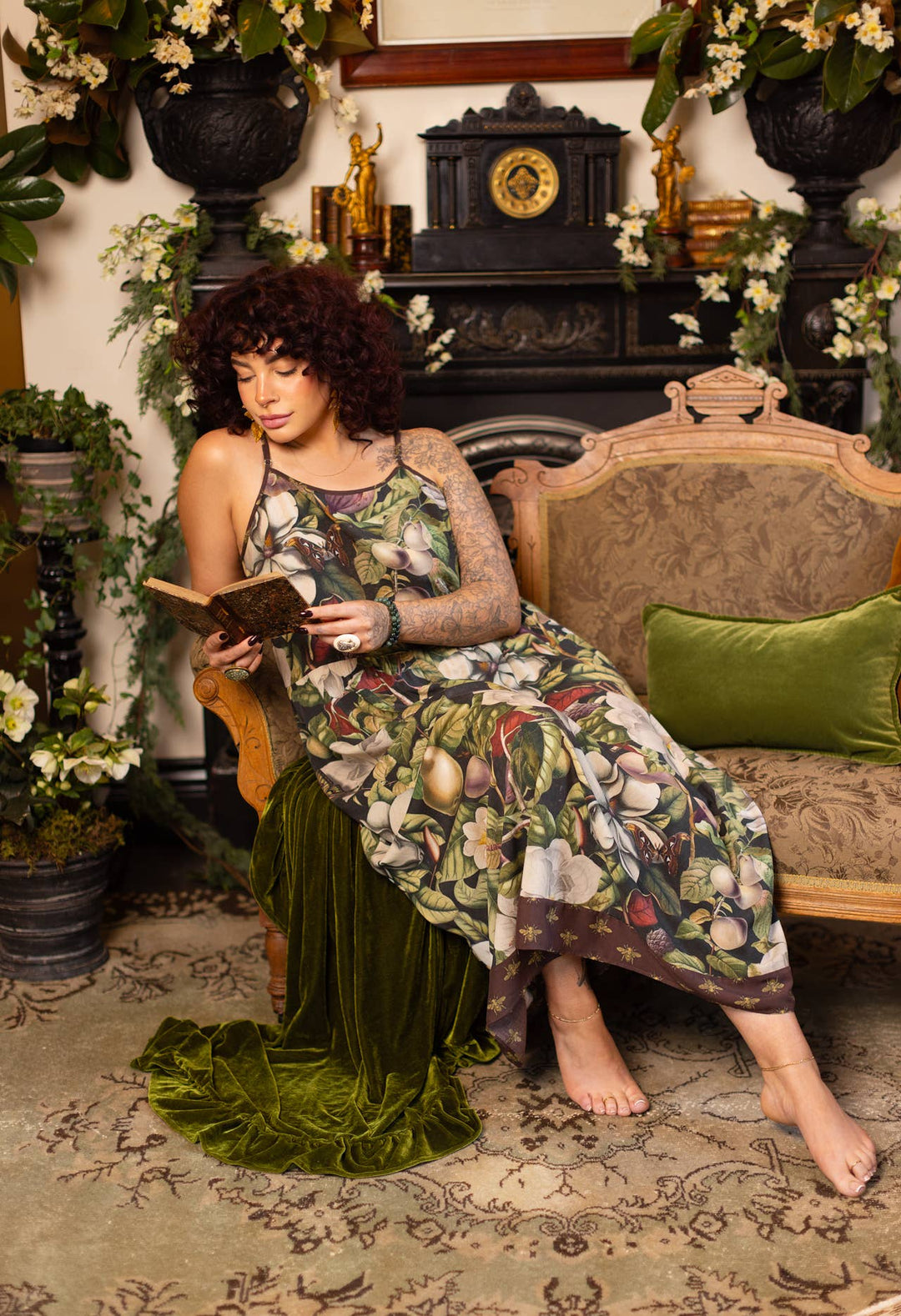 Fleur De Lune Bohéme Long Maxi Slip Dress w/ Florals & Bees