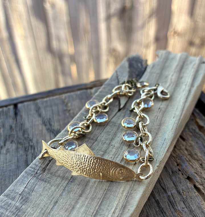 Gold Adjustable Fish Bracelet with Crystal Clear Drops