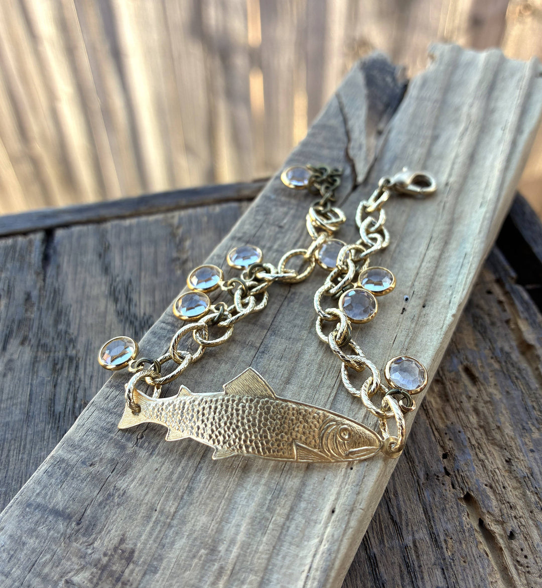 Gold Adjustable Fish Bracelet with Crystal Clear Drops
