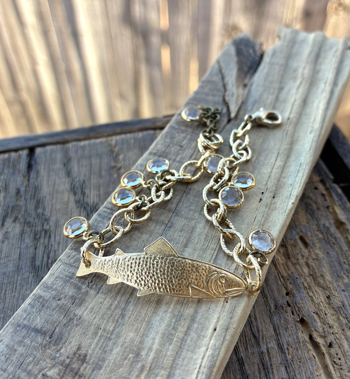 Gold Adjustable Fish Bracelet with Crystal Clear Drops