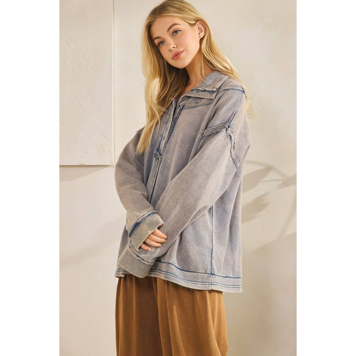 Washed Raw-edge Henley Pullover