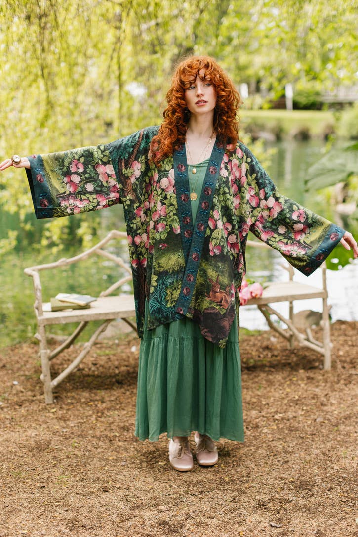 The Daydreamer Matinée Duster Kimono w/ Roses &amp; Rabbits