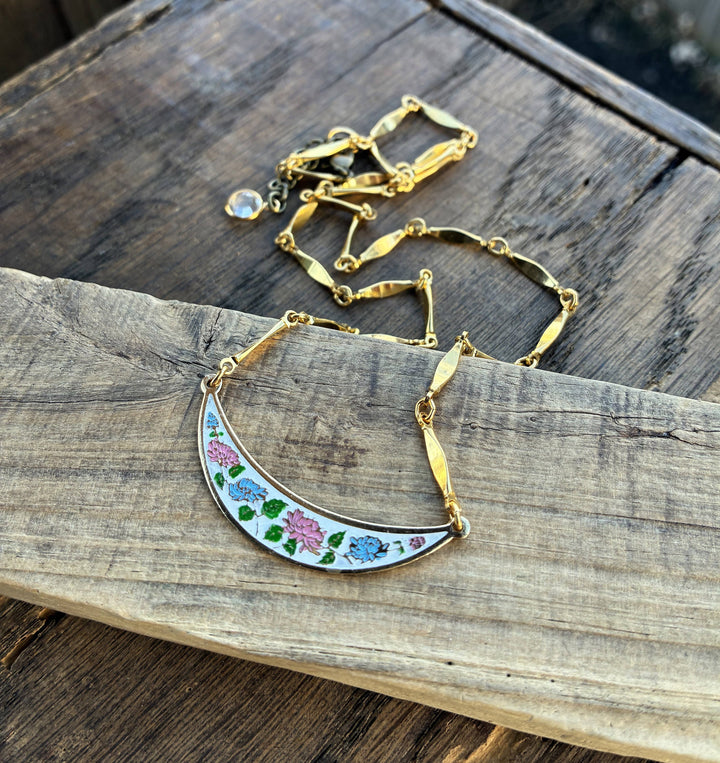 Pink &amp; Blue Enamel Floral Bib Style Necklace