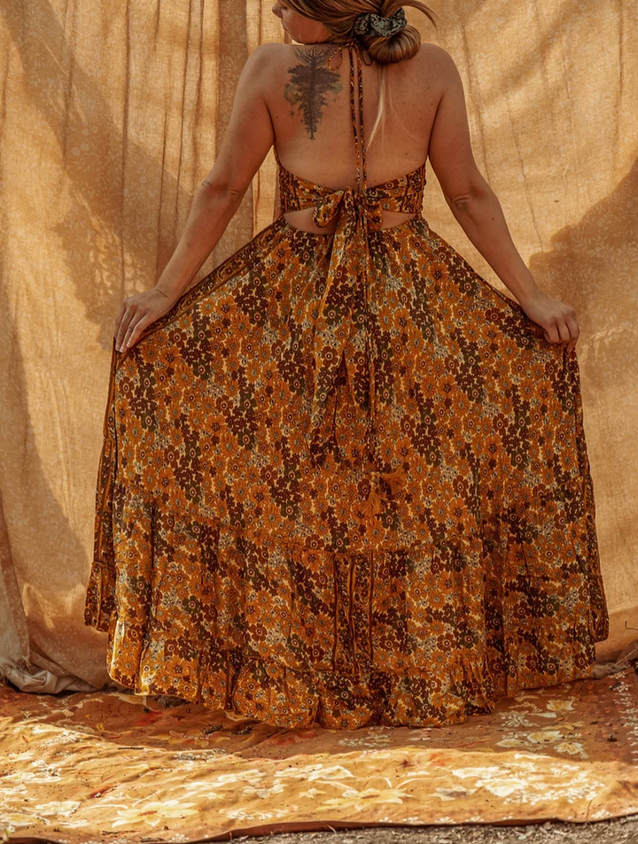 Hippie Boho Maxi Silk Dress, Bohemian Long Back Bow Dress