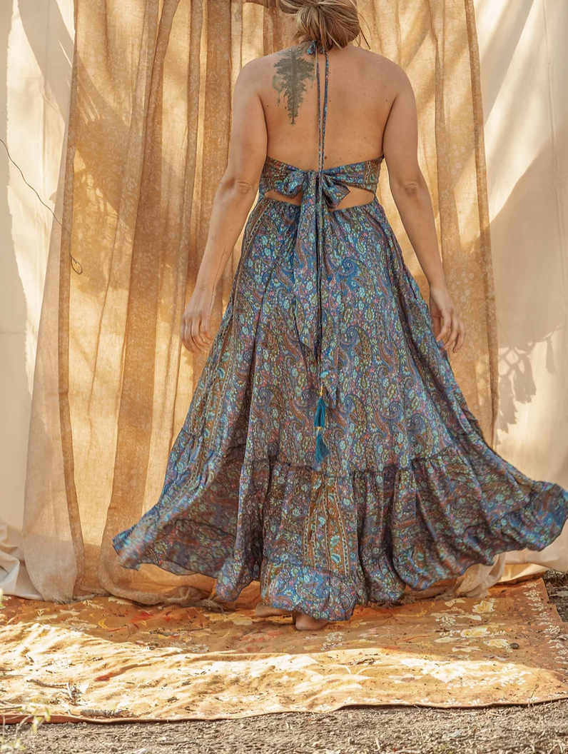 Hippie Boho Maxi Silk Dress, Bohemian Long Back Bow Dress