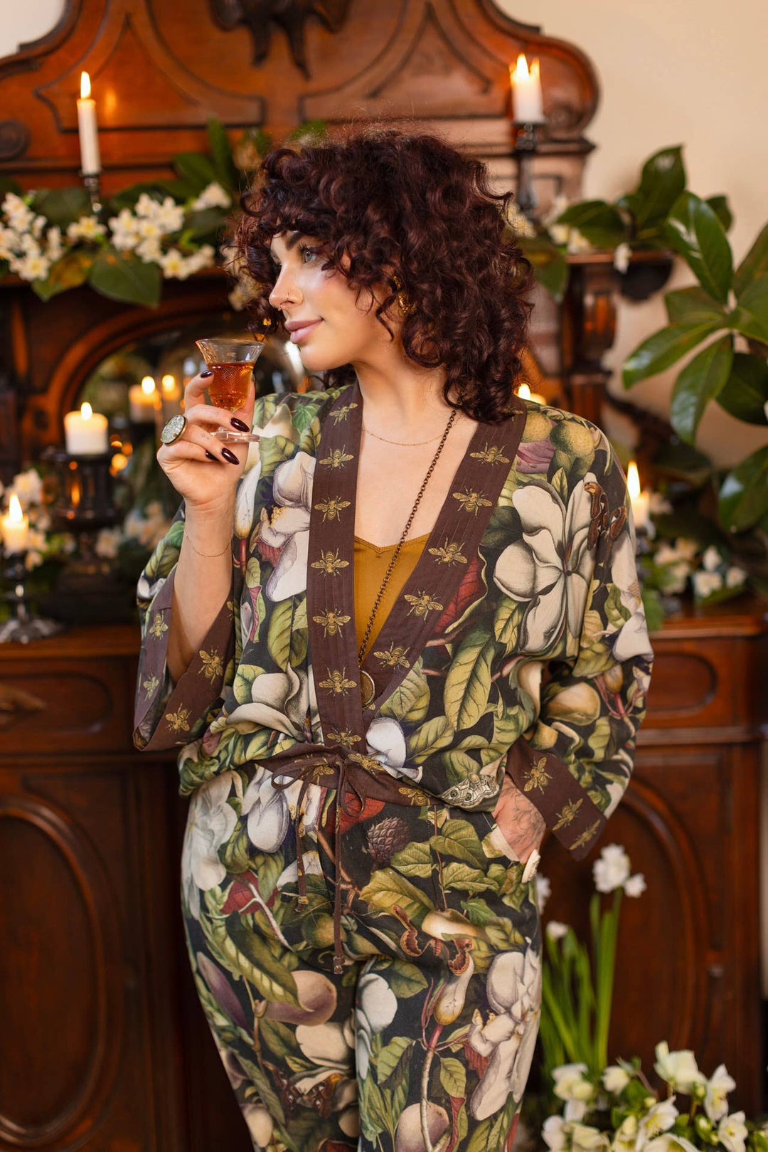 Fleur De Lune Pixie Duster Crop Kimono w/ Florals &amp; Bees