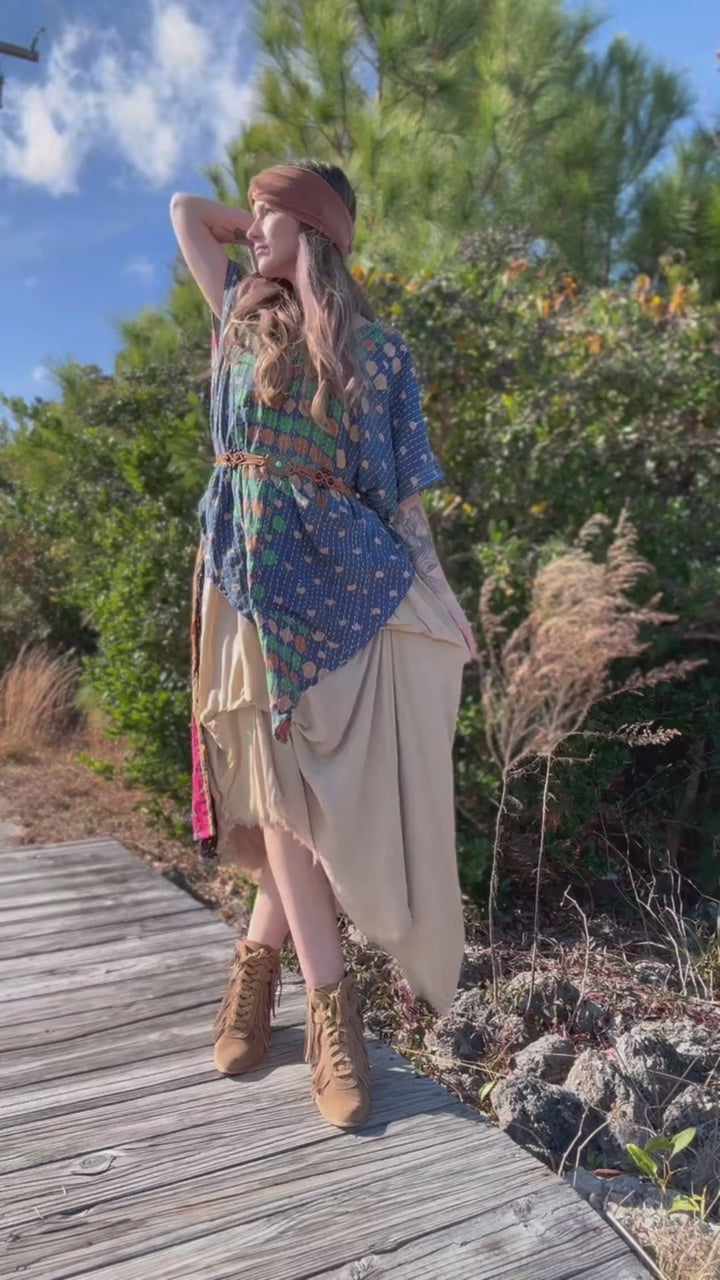 Blue Abandon - Kantha Surrender Hi Lo Poncho OOAK