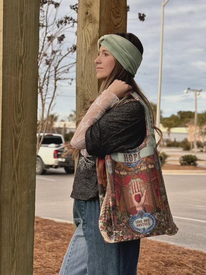 Love Language Heart and Floral Print Linen Tote Bag