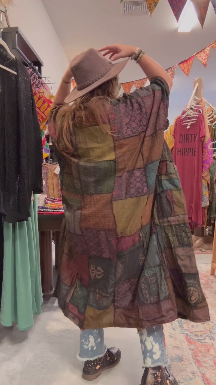 Earthy Boho Duster Patchwork Kimono, Unisex Smock