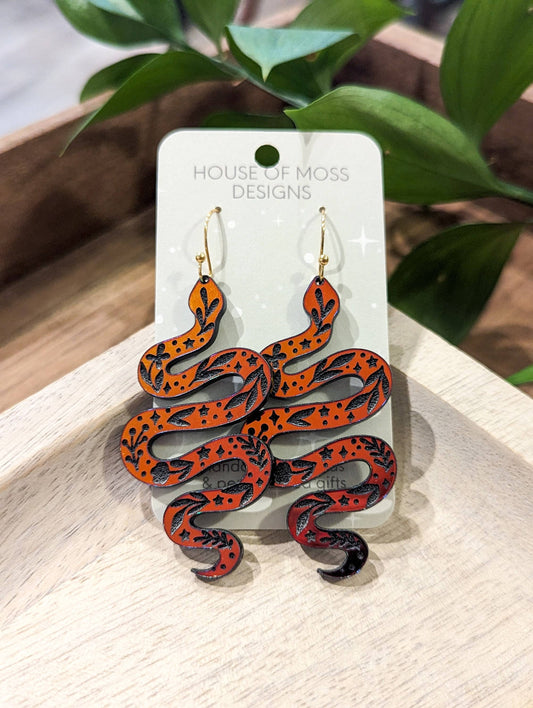 Orange And Black Mirrored Holographic Acrylic Snake Earrings