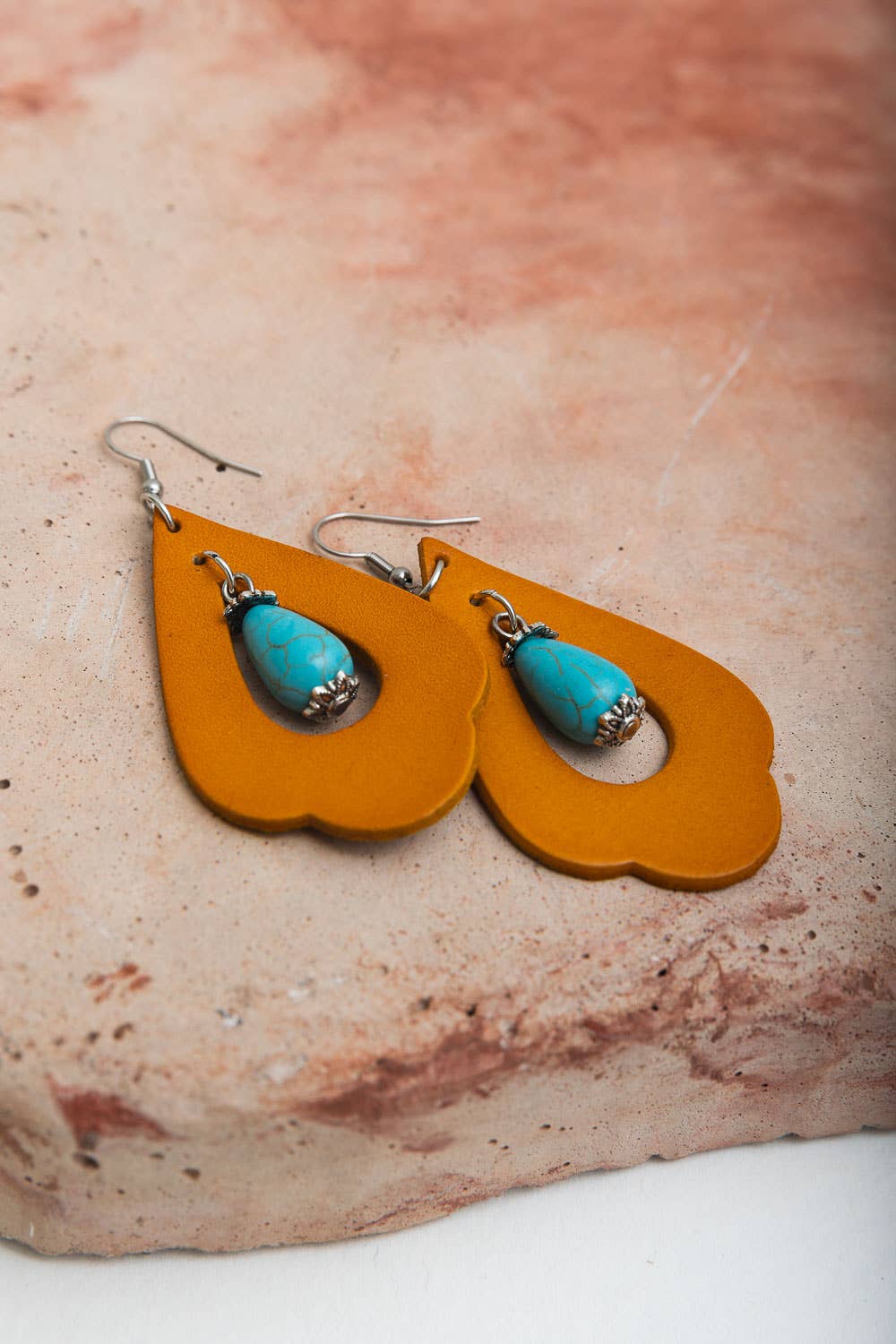 Western Leather Cutout Earrings with Turquoise Stone