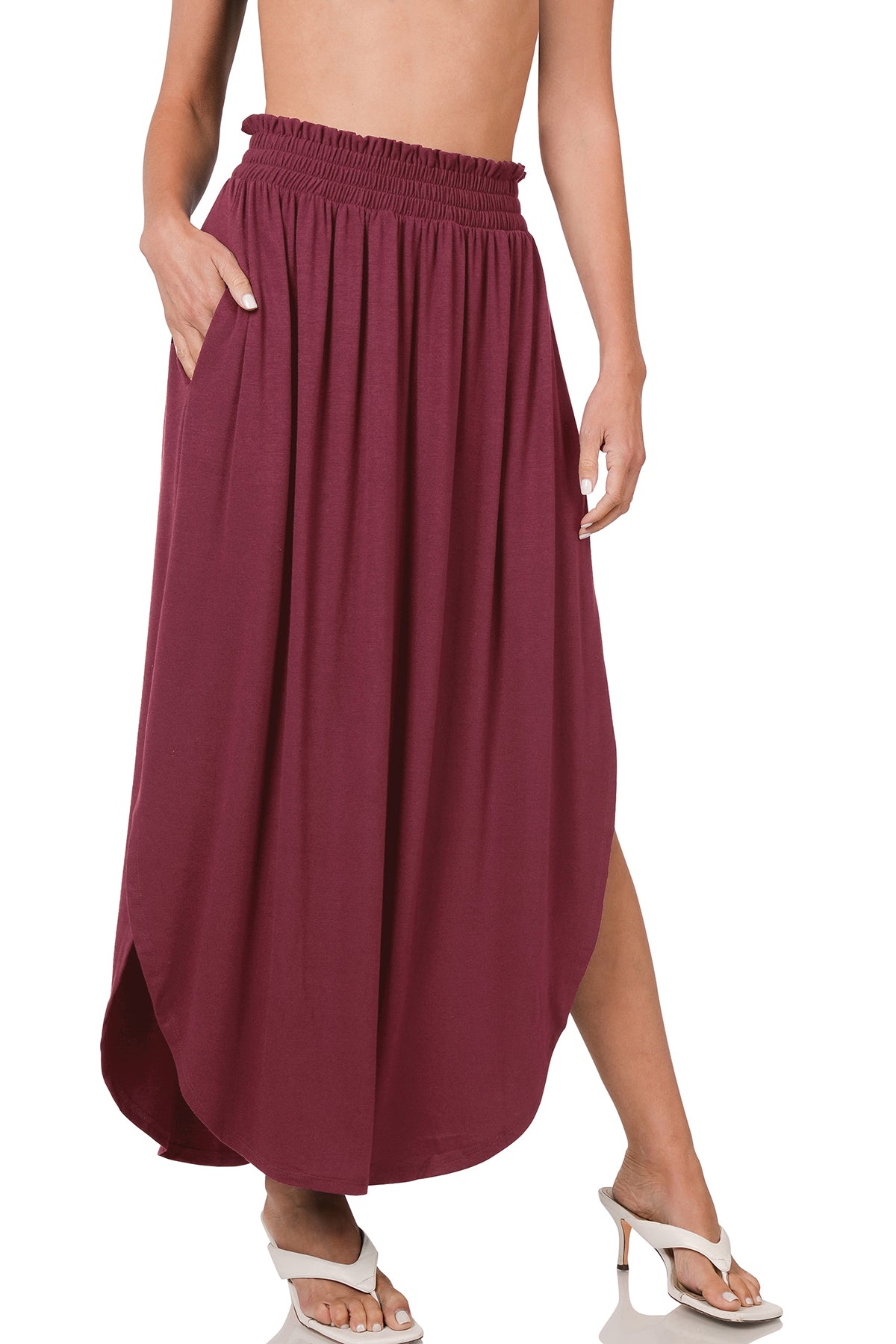 Smocked Waist Side Slit Maxi Skirt With Pocket