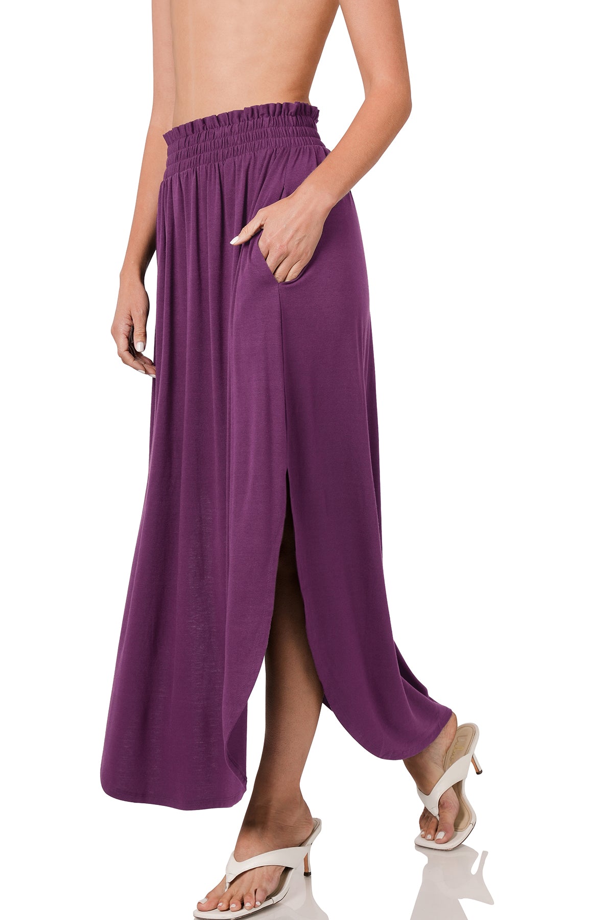 Smocked Waist Side Slit Maxi Skirt With Pocket