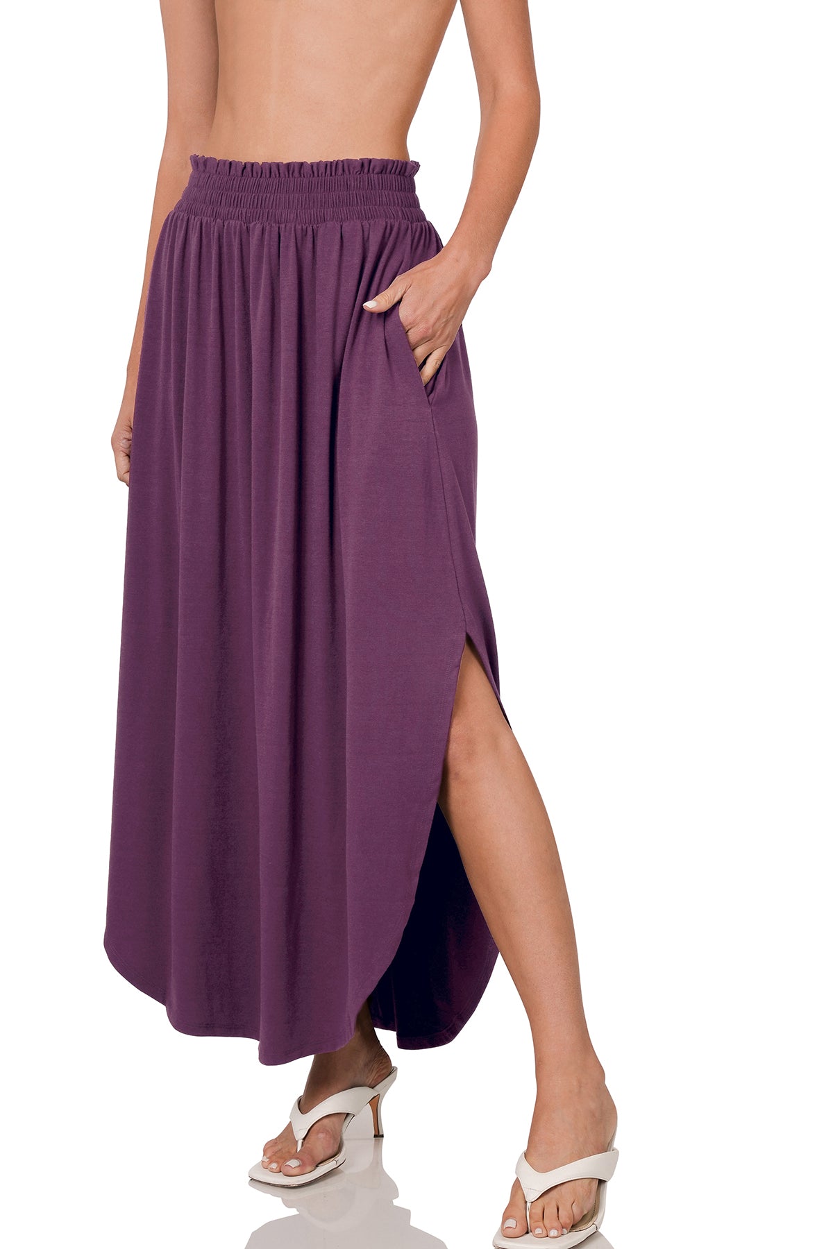 Smocked Waist Side Slit Maxi Skirt With Pocket