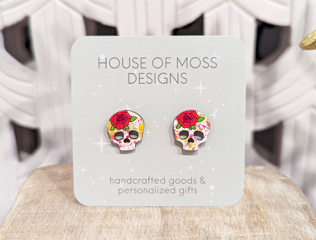 Floral Sugar Skull Stud Earrings