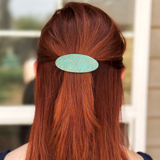 Copper Embossed Turquoise Leather Floral Hair Barrette - Med.